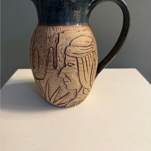 Handcrafted Signed Folk Art Pottery Pitcher in Blue and Tan